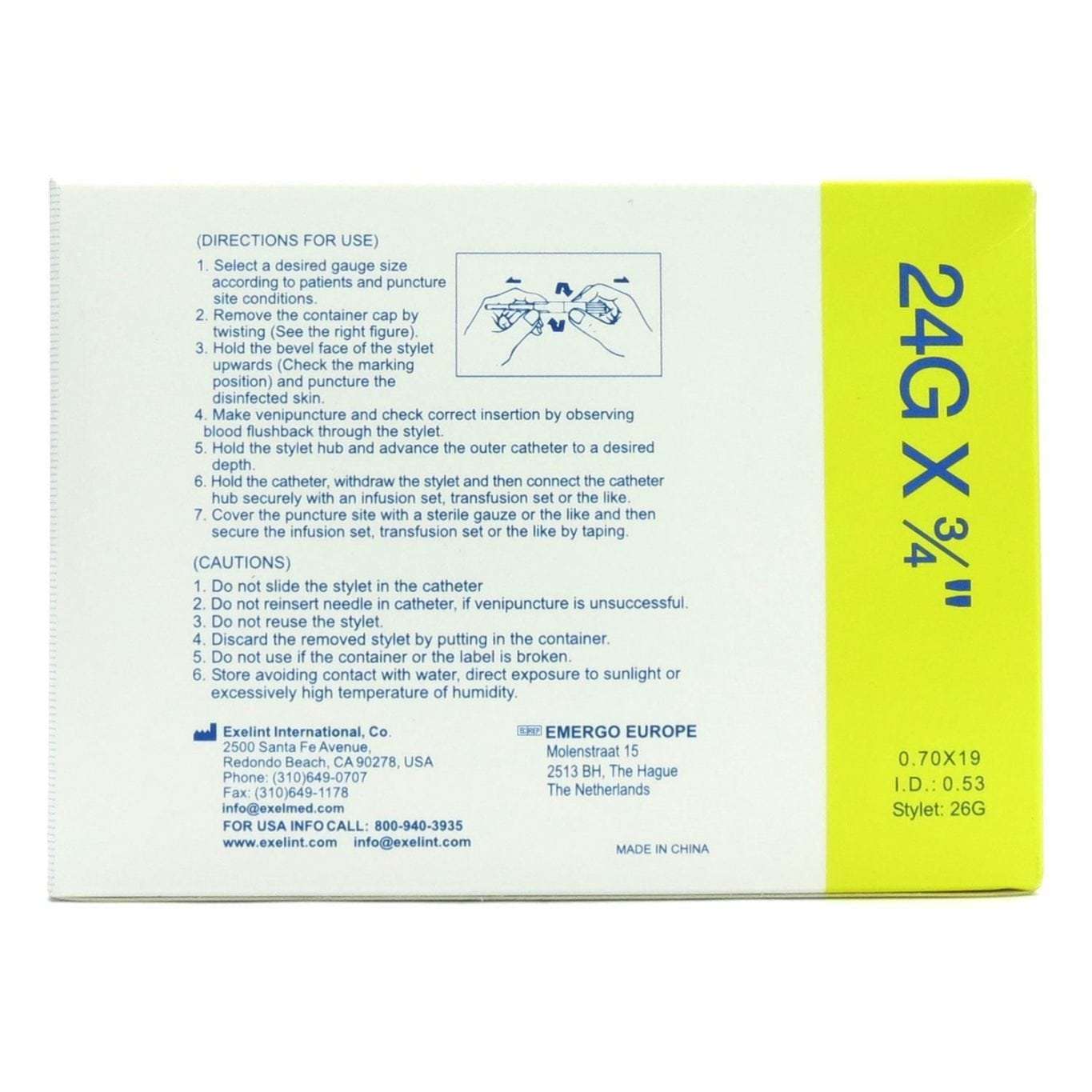 Catheter, Iv, 24g X 3x4", Yellow, Teflon, Sterile, Safelet®, 50/box